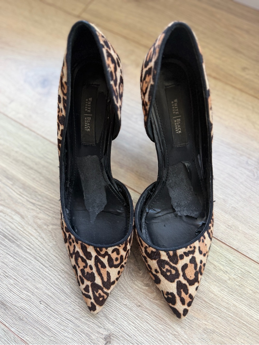 White House Black Market Ella Leopard Calf Hair Pointed Toe heels sz 7 see Flaws